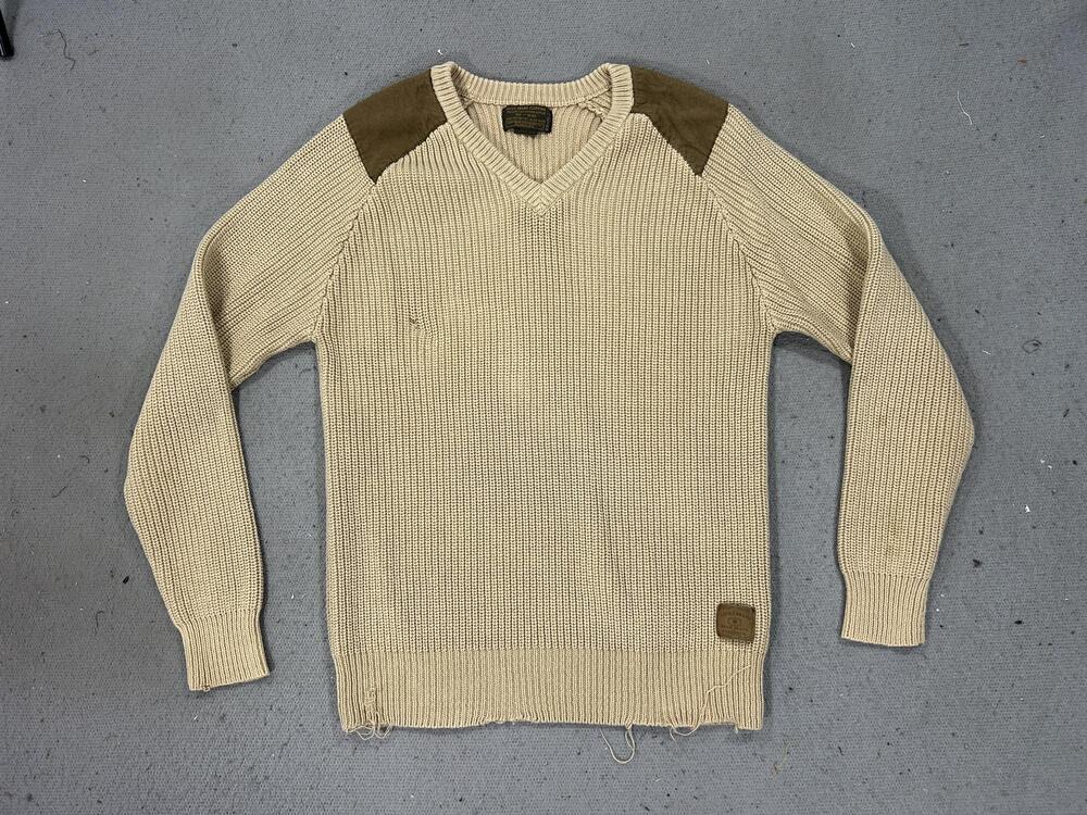 Lucky Brand Sweater Men’s M Beige Fisherman Knit Shawl Collar Suede Patch Cotton